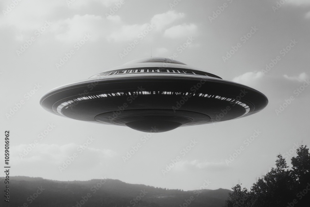Alien spacecraft in flight against a mountain backdrop. Alien spacecraft in flight against a mountain backdrop.