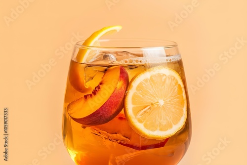 A glass of iced tea with peach and lemon slices