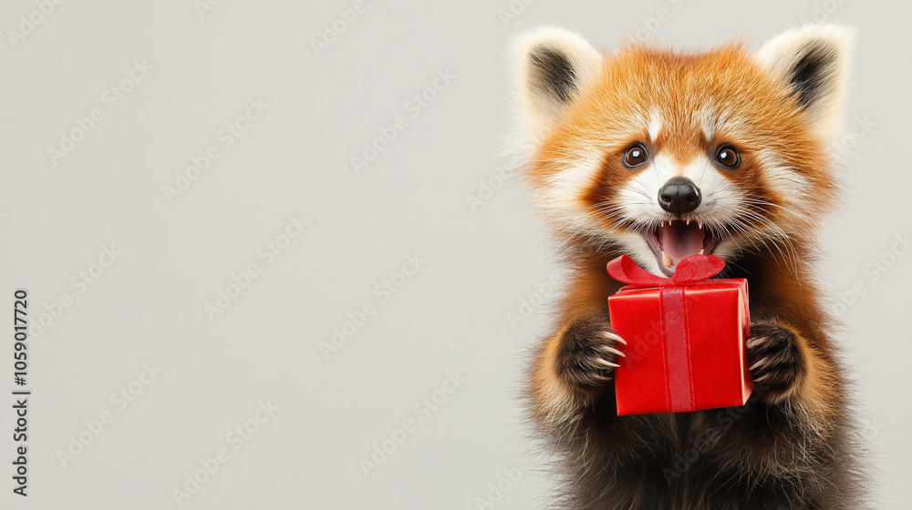 Happy red panda holding a small red gift box against a light gray background. Postcard with copy space Happy red panda holding a small red gift box against a light gray background. Postcard with copy space
