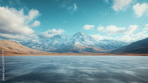 Snowy Mountain Landscape Featuring High Peaks, Platform, Road, and Parking Area on Brick Surface for Automotive Advertisement with Blank Background