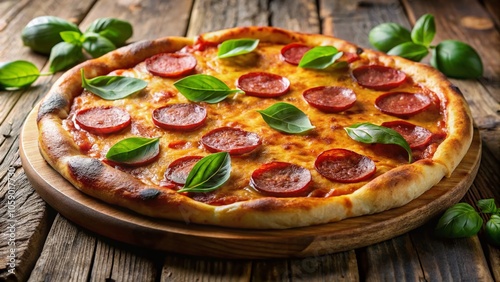 The warmth of rustic wood complements the vibrant colors of a pepperoni pizza and basil garnish.