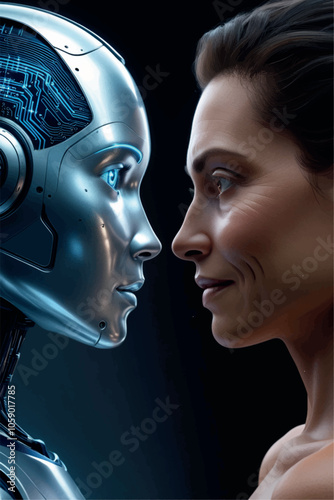 A AI robot's face opposite a human's face in profile