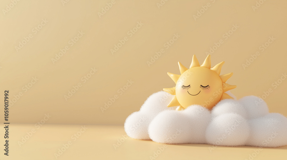 Whimsical Cartoon Sun Smiling on Fluffy Cloud Whimsical Cartoon Sun Smiling on Fluffy Cloud