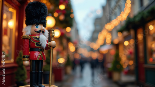 British Guard Nutcracker: Festive London Christmas Market Scene for Holiday Marketing and Seasonal Decor