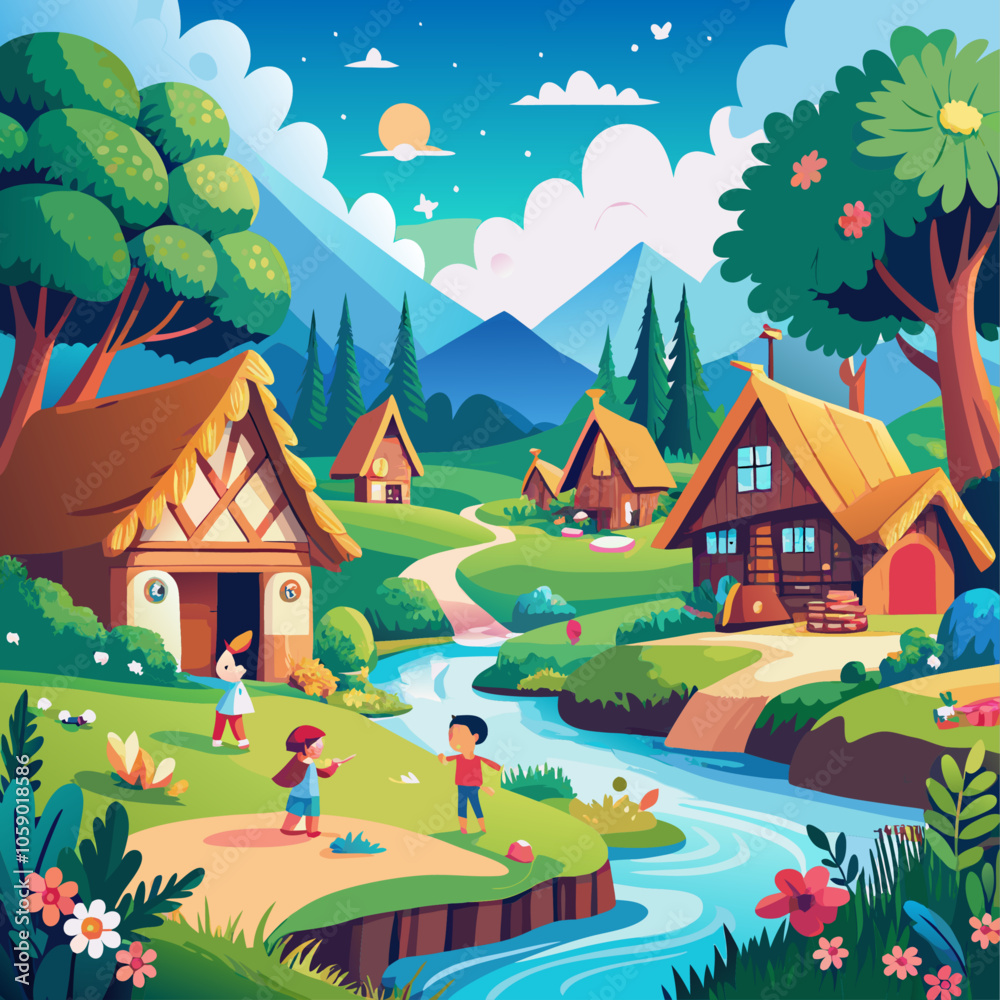 Naklejka premium Children Playing by the Winding River.