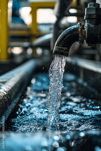 Water flows from pipe into tank, showcasing sustainable water management system in industrial setting. scene highlights importance of efficient water use photo