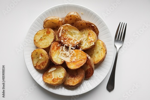 A white plate with golden-brown fried potatoes.