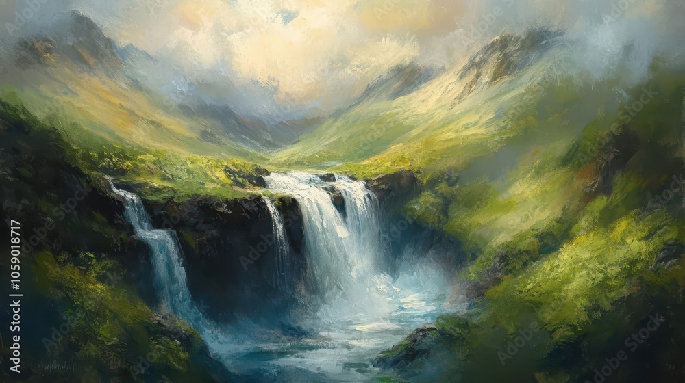 serene pastel painting showcasing cascading waterfalls amidst verdant hills, with soft colors blending harmoniously, evoking tranquility and the beauty of nature serene pastel painting showcasing cascading waterfalls amidst verdant hills, with soft colors blending harmoniously, evoking tranquility and the beauty of nature