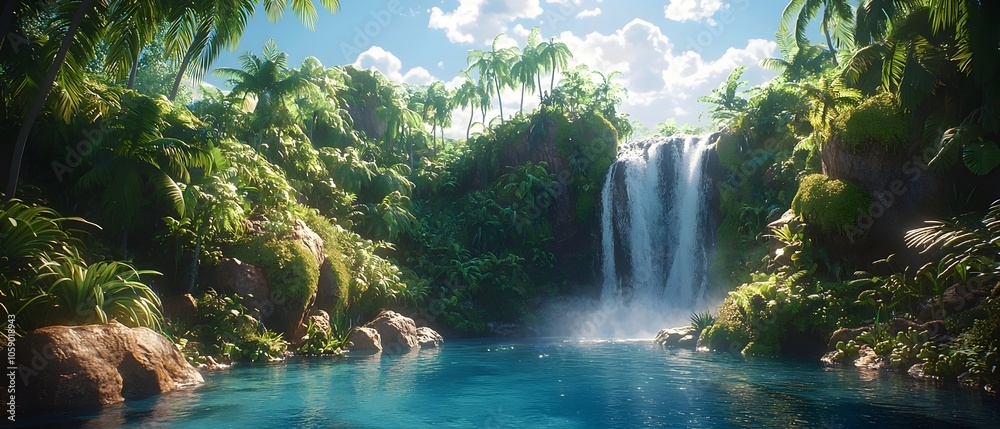 A breathtaking tropical scene featuring a stunning waterfall cascading into a crystal-clear pool, surrounded by lush green foliage and vibrant palm trees, creating a serene atmosphere. A breathtaking tropical scene featuring a stunning waterfall cascading into a crystal-clear pool, surrounded by lush green foliage and vibrant palm trees, creating a serene atmosphere.