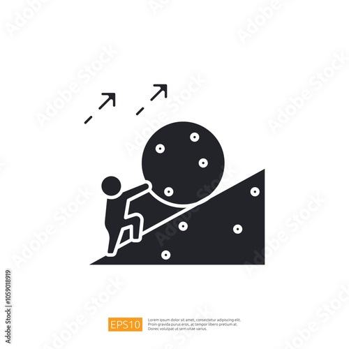 The image depicts a person pushing a large sphere uphill, symbolizing effort and struggle. It represents challenges and perseverance in achieving goals.