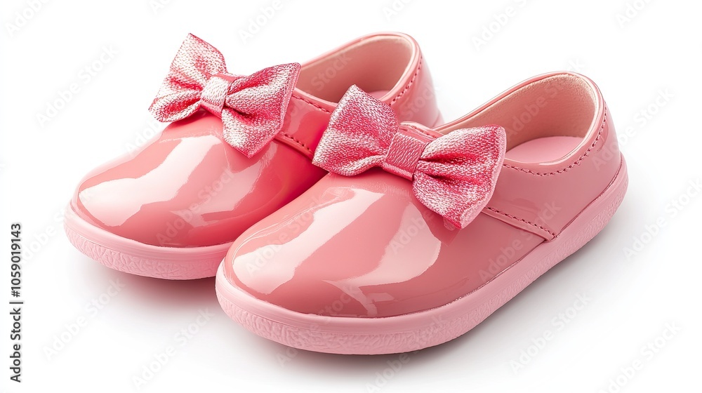 Cute pink shoes with a bow for little girls on a white background. Cute pink shoes with a bow for little girls on a white background.