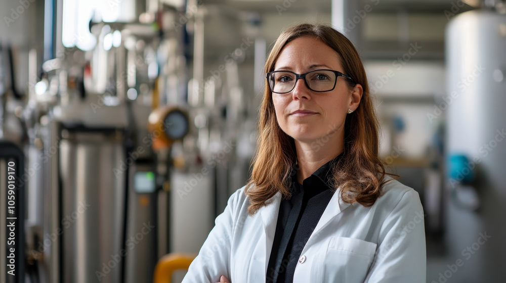 Fototapeta premium Engineer in lab coat standing confidently in manufacturing facility, surrounded by industrial equipment and machinery, showcasing expertise in water audit processes