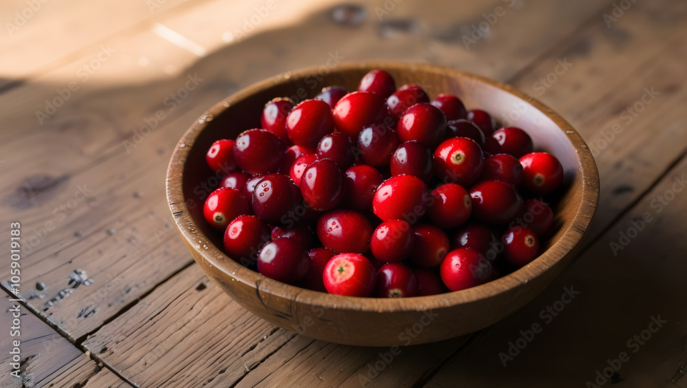 A bowl filled with fresh, vibrant red cranberries, highlighting their glossy, smooth surface A bowl filled with fresh, vibrant red cranberries, highlighting their glossy, smooth surface