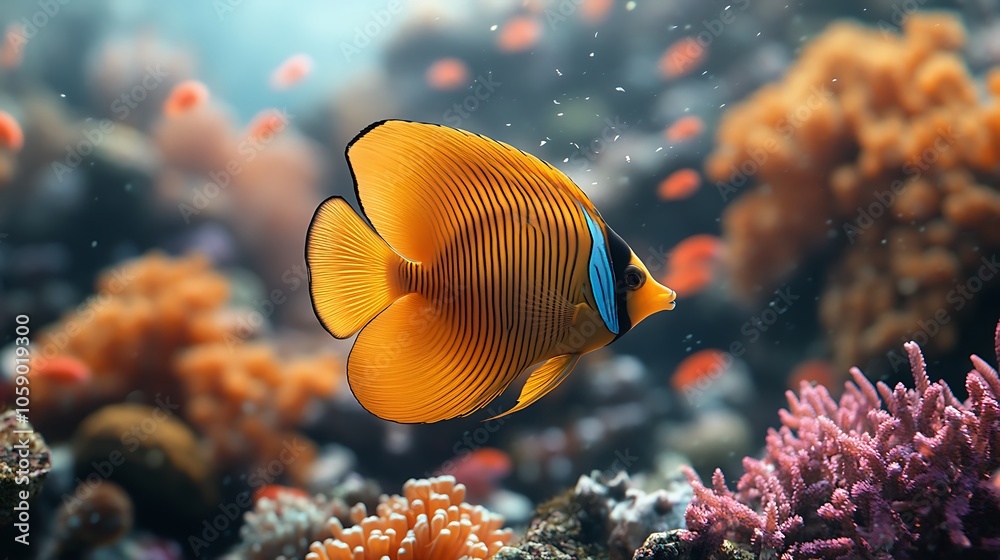A vibrant orange and blue butterflyfish swims amidst colorful coral reefs and other fish. A vibrant orange and blue butterflyfish swims amidst colorful coral reefs and other fish.