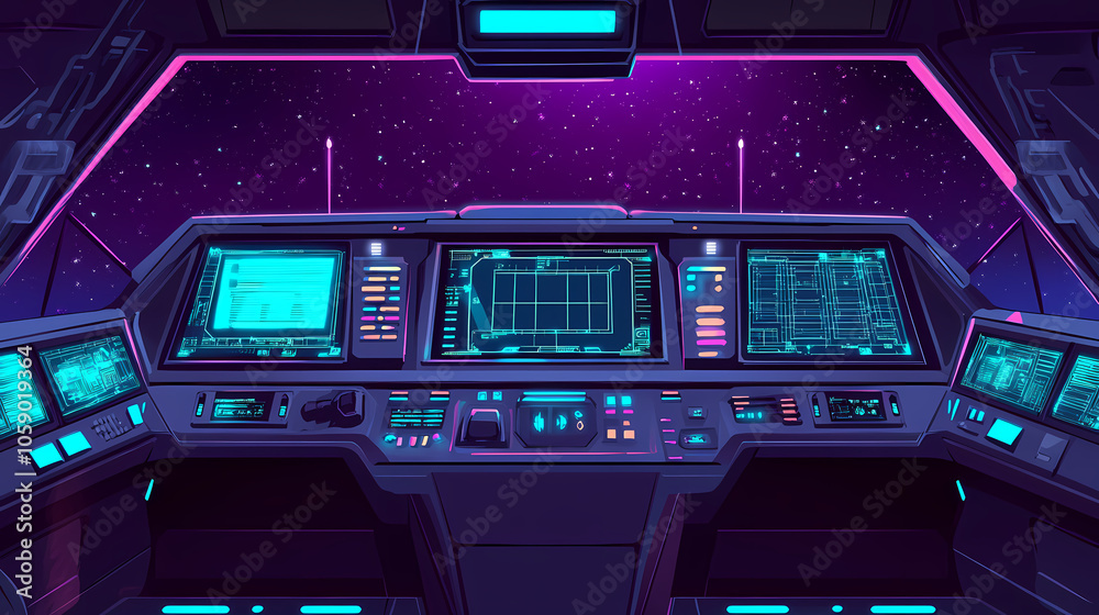 Futuristic spaceship cockpit with glowing controls and screens, perfect for sci-fi themes and advanced technology concepts. Spaceship Cockpit. Illustration Futuristic spaceship cockpit with glowing controls and screens, perfect for sci-fi themes and advanced technology concepts. Spaceship Cockpit. Illustration