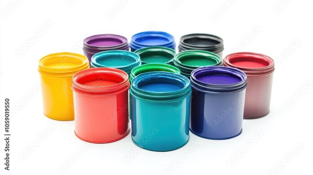set of brightly colored paint cans arranged against a pristine white background, showcasing a variety of hues, perfect for artists and creative projects set of brightly colored paint cans arranged against a pristine white background, showcasing a variety of hues, perfect for artists and creative projects