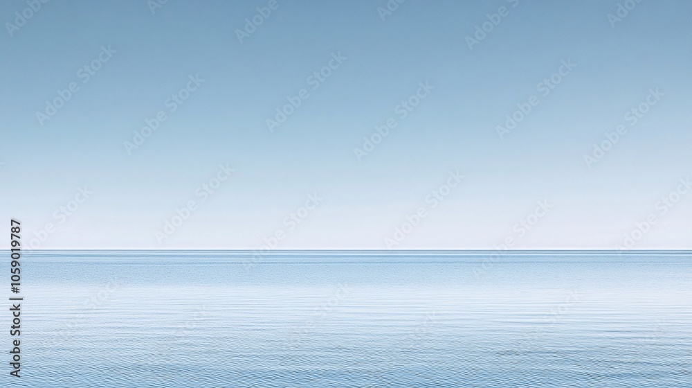 Fototapeta premium A tranquil scene of a calm sea with a clear blue sky above. The water is a light blue and the sky is a soft white. The horizon is a thin line where the two meet.
