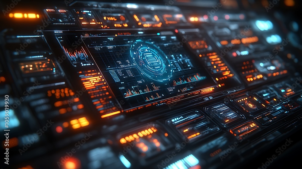 Futuristic digital interface with glowing orange and blue elements, displaying data, graphs, and a central circular icon. Futuristic digital interface with glowing orange and blue elements, displaying data, graphs, and a central circular icon.