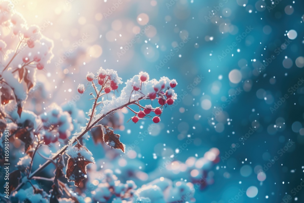 Cold winter scene with berries and sparkles of falling snow. Cold winter scene with berries and sparkles of falling snow.