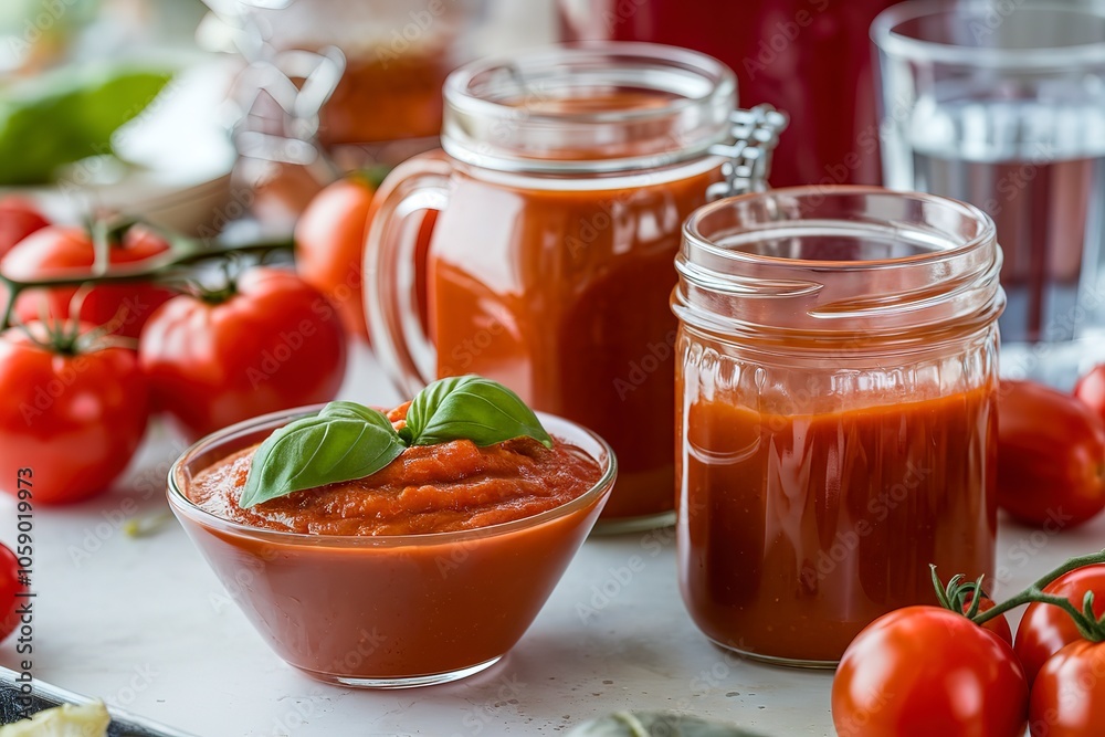 a kitchen countertop with a variety of tomatoes and tomato-based products a kitchen countertop with a variety of tomatoes and tomato-based products