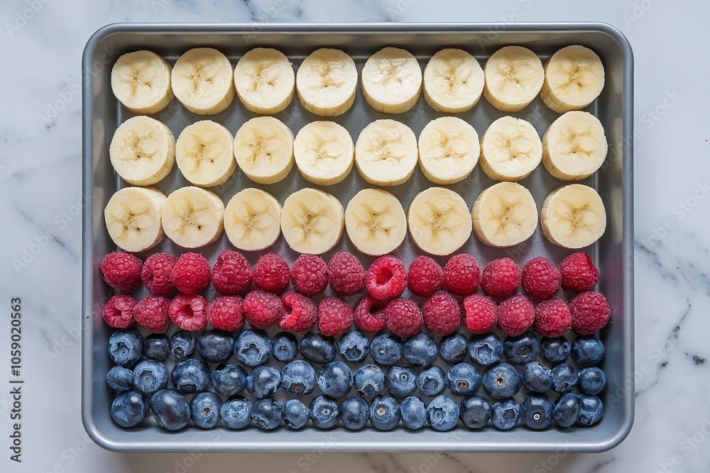 A photo of a rectangular baking tray filled with an assortment of fresh fruits. A photo of a rectangular baking tray filled with an assortment of fresh fruits.