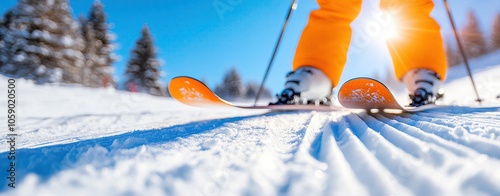 Skiing on a bright sunny day with clear blue skies, vibrant colors and detailed textures of the snow and gear, dynamic and energetic scene, ultraclear 8K photo