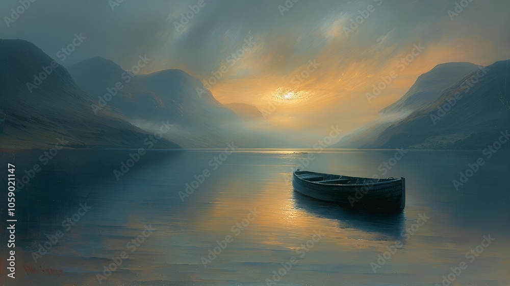 Serene landscape with a solitary boat on calm waters during a dramatic sunset over mountains. Serene landscape with a solitary boat on calm waters during a dramatic sunset over mountains.
