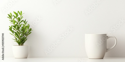 Wallpaper Mural A simple arrangement of a small plant in a pot beside a white cup on a minimalistic white background. Torontodigital.ca