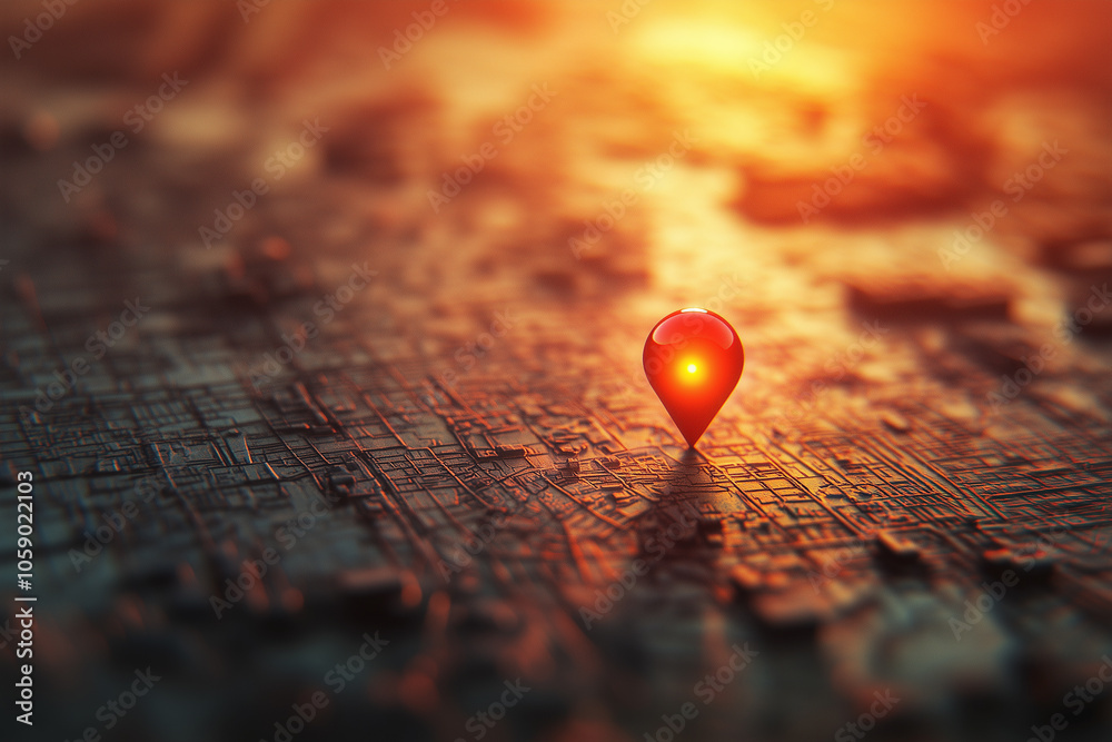 Red location pin on detailed city map with sunset light Red location pin on detailed city map with sunset light
