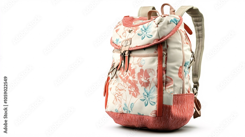 A white backpack with a floral pattern and a red border. Generative ai A white backpack with a floral pattern and a red border. Generative ai