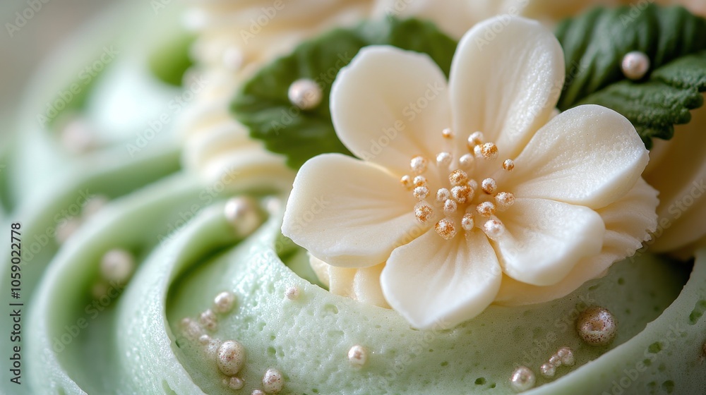Close-up of a delicate white fondant flower on a green frosted cupcake, decorated with pearl sprinkles and green leaves. Close-up of a delicate white fondant flower on a green frosted cupcake, decorated with pearl sprinkles and green leaves.