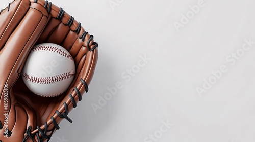 A white baseball rests in a brown leather baseball glove on a white background, leaving plenty of space for text. Generative ai photo