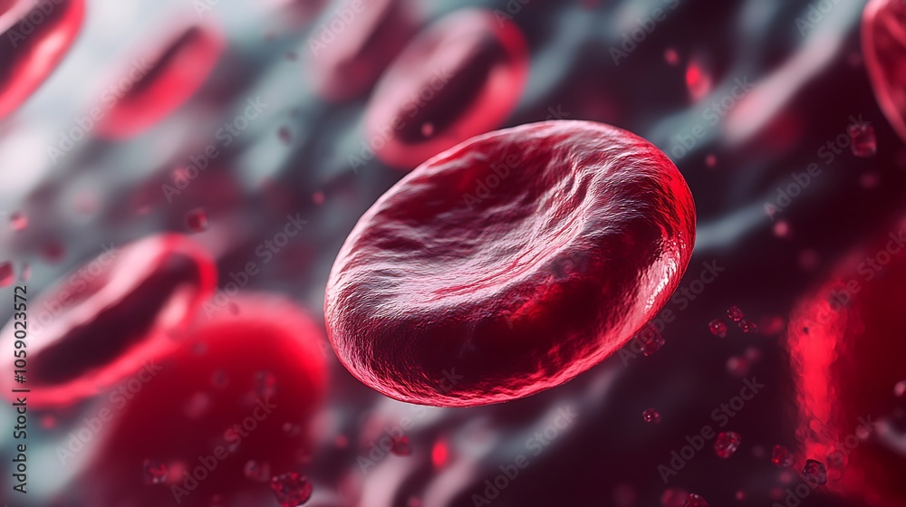 Fototapeta premium Close-up view of red blood cells in a fluid environment, illustrating human biology.
