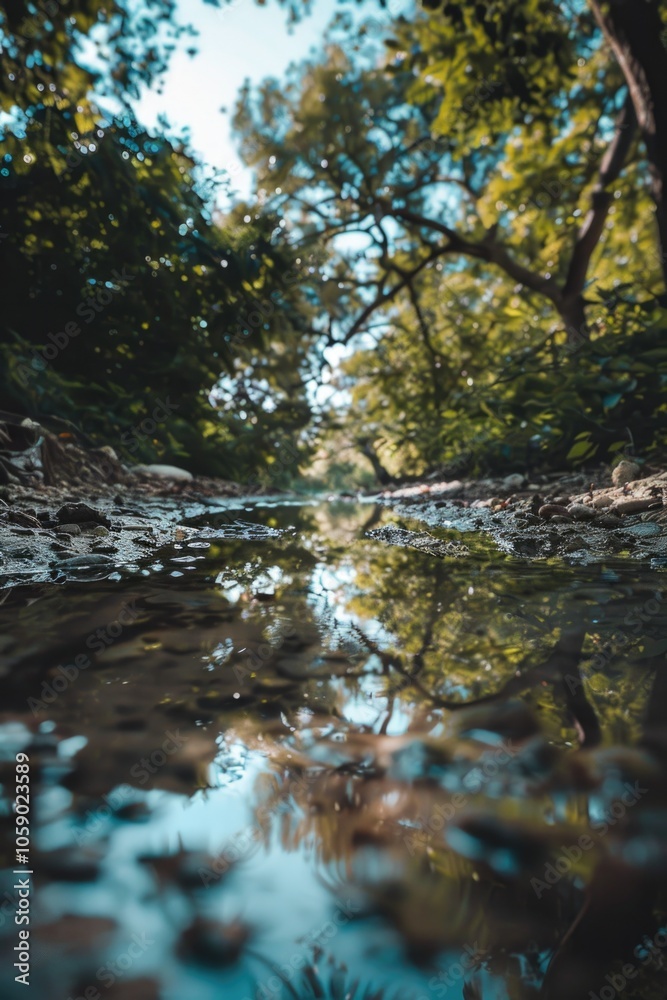 Natural scenery with wet leaves and stream after rain, reflecting surroundings on pond's surface. Natural scenery with wet leaves and stream after rain, reflecting surroundings on pond's surface.