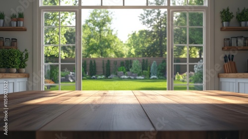 empty corner of wooden table.blured garden background