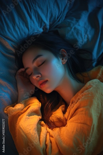 A woman in a yellow top sleeping peacefully on her bed at night.