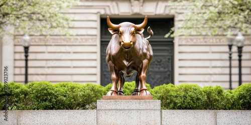 Bronze bull statue located in front of a building, symbolizing strength and market bullishness, with greenery in the background. photo