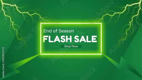 Flash Sale Shopping Poster or banner with lighting, neon, Flash icon and text on green background. Flash Sales banner template design for social media and website.

