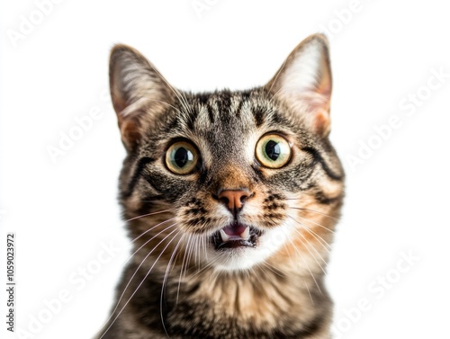 The image shows a surprised or shocked cat, characterized by its wide-open yellow eyes and slightly open mouth, indicating surprise or perhaps the reaction to something sudden.