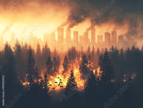 Raging Forest Fire Engulfs City Skyline in Smoldering Apocalypse of Global Warming