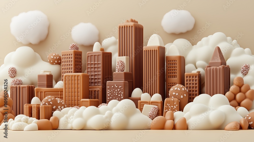 Whimsical cityscape made of chocolate and sweets with various buildings and clouds in a playful design Whimsical cityscape made of chocolate and sweets with various buildings and clouds in a playful design