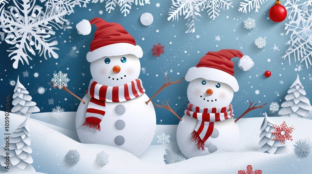 Two snowmen wearing red hats and scarves are standing in the snow. The scene is set in a winter landscape with trees in the background
