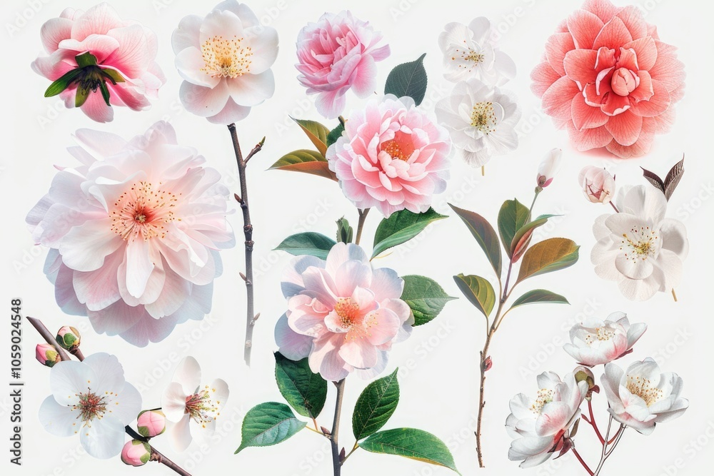 Fototapeta A beautiful watercolor painting of a bouquet with cherry blossoms and other pink and white flowers. A tranquil and nurturing decorative art piece for various uses.