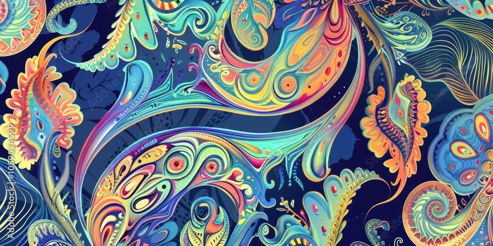 Fototapeta premium Vivid psychedelic pattern of swirling designs and shapes in a colorful abstract style.