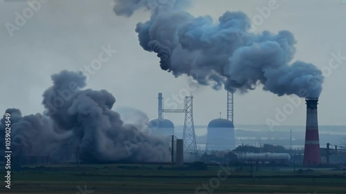 Smoke Chimneys Emissions Thick Factory pollution environment waste pipe nature problem emission air contamination toxic industry crisis hazard dirty sky landscape fume greenhouse impact carbon harm c