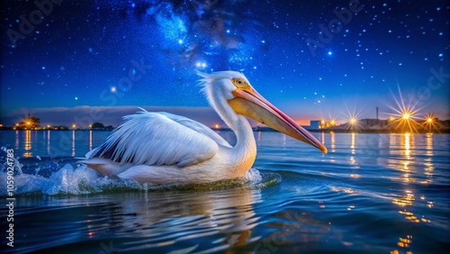 White Pelican Bathing in Corpus Christi, Texas Night Photography