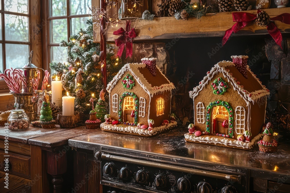 A traditional kitchen with a wood-burning stove, where a family is baking gingerbread houses. A traditional kitchen with a wood-burning stove, where a family is baking gingerbread houses.