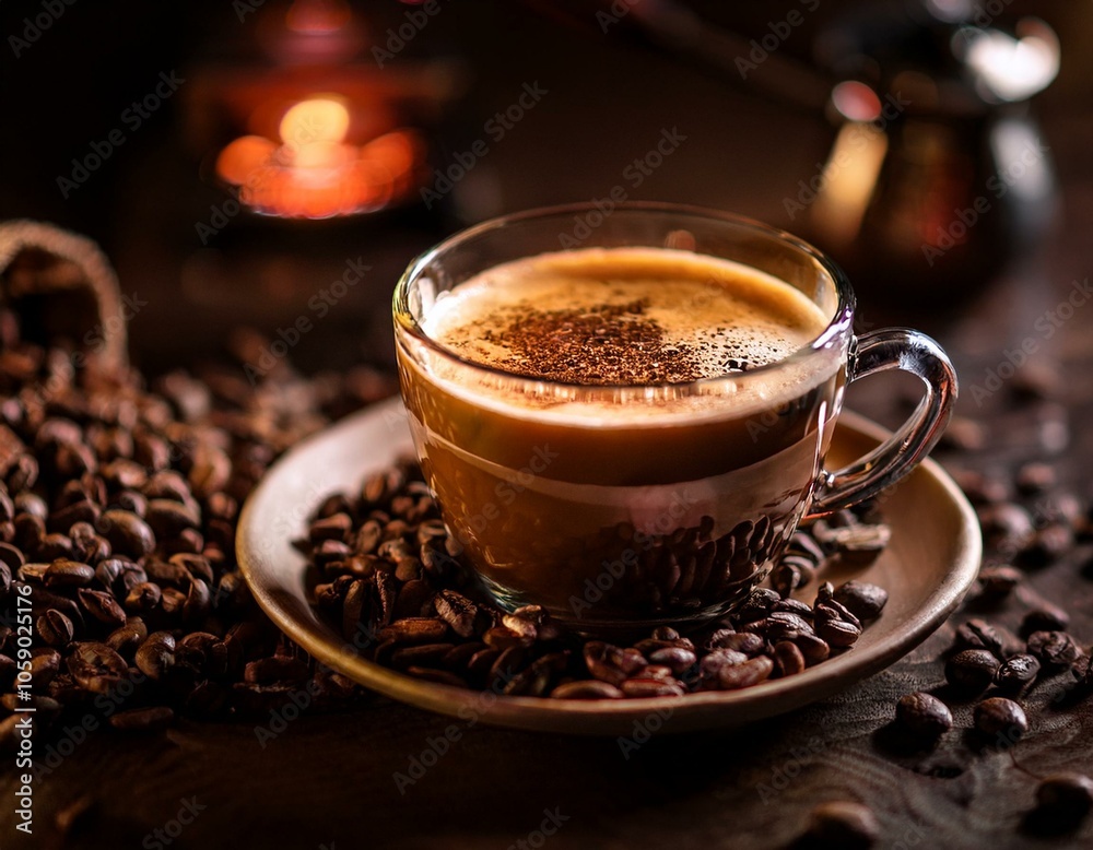 Café cremoso e intenso con un fondo de granos de café Arábica tostados Café cremoso e intenso con un fondo de granos de café Arábica tostados
