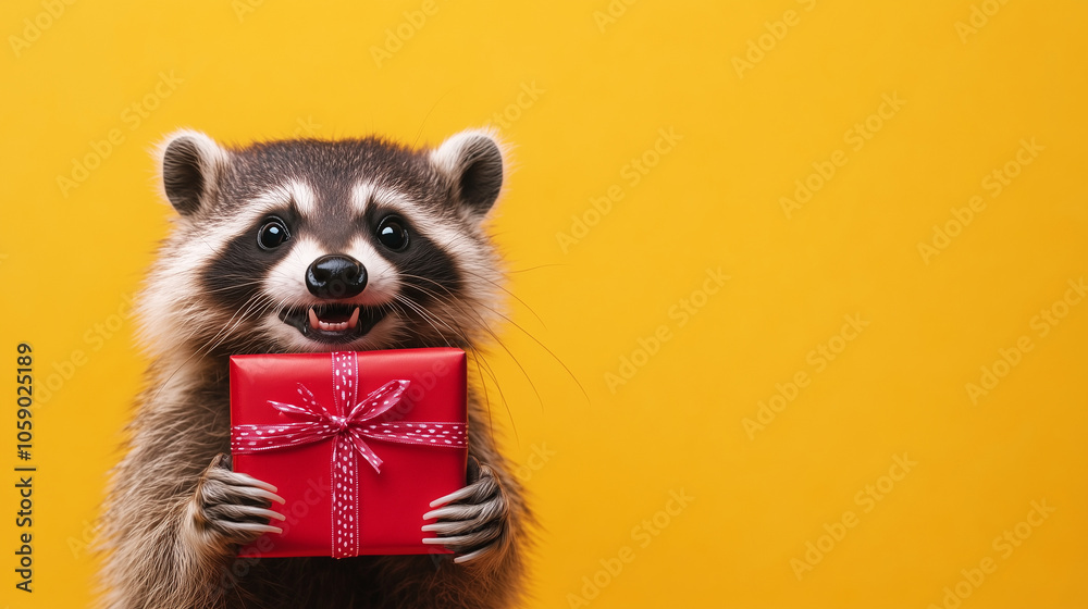 Smiling raccoon holding a red gift box with a bow against a bright yellow background. Postcard with copy space Smiling raccoon holding a red gift box with a bow against a bright yellow background. Postcard with copy space