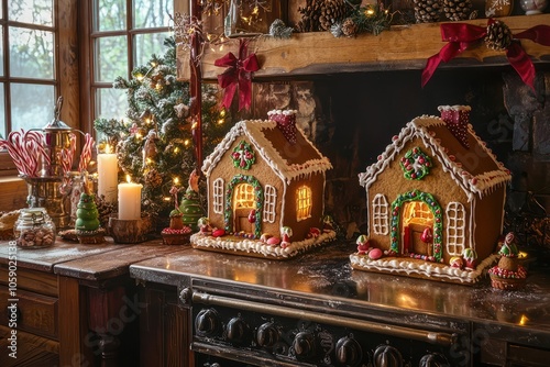 A traditional kitchen with a wood-burning stove, where a family is baking gingerbread houses. 